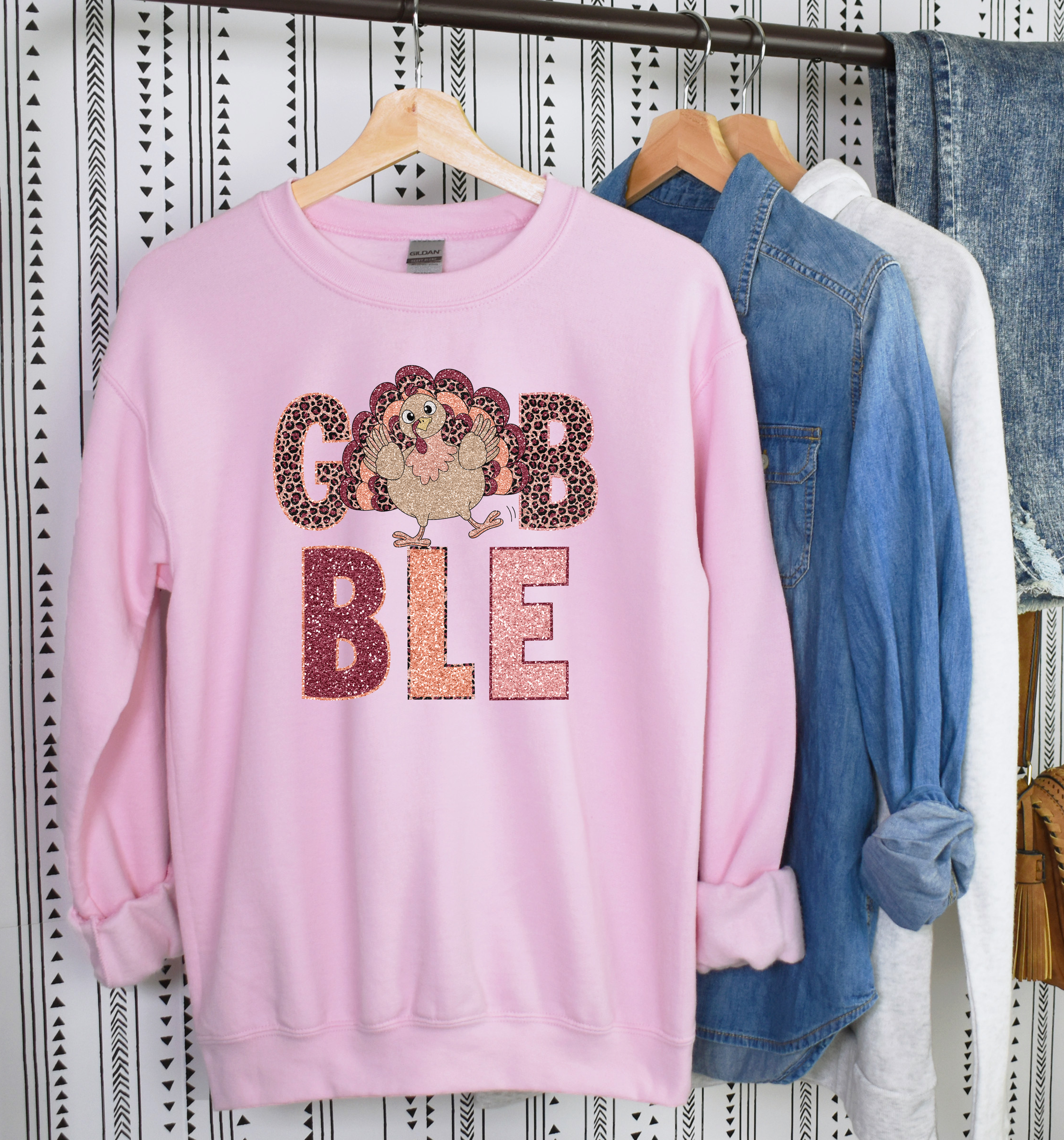 Cute Gobble Faux Glitter Turkey Thanksgiving Shirt